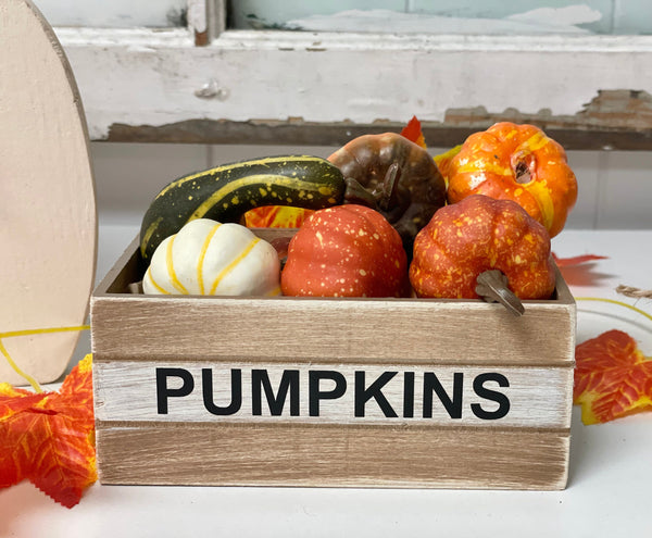 Fall decor bundle, Pumpkin crate, Wooden pumpkins, Faux hot cider, Mini wood book stack