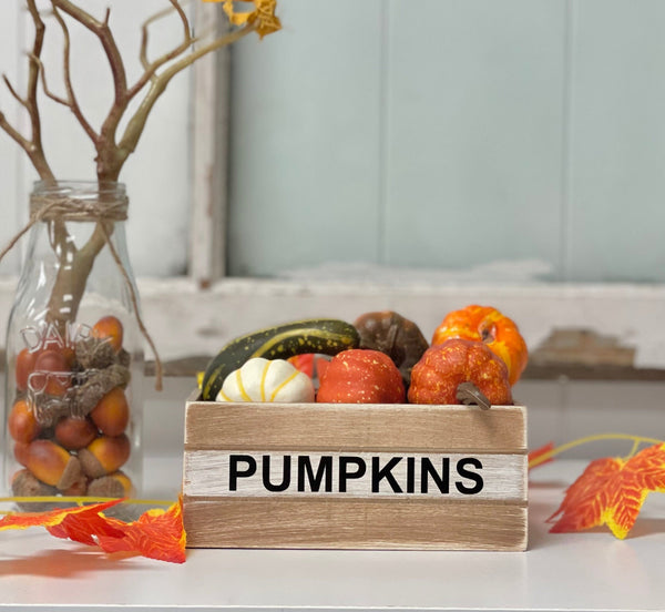 Fall decor bundle, Pumpkin crate, Wooden pumpkins, Faux hot cider, Mini wood book stack