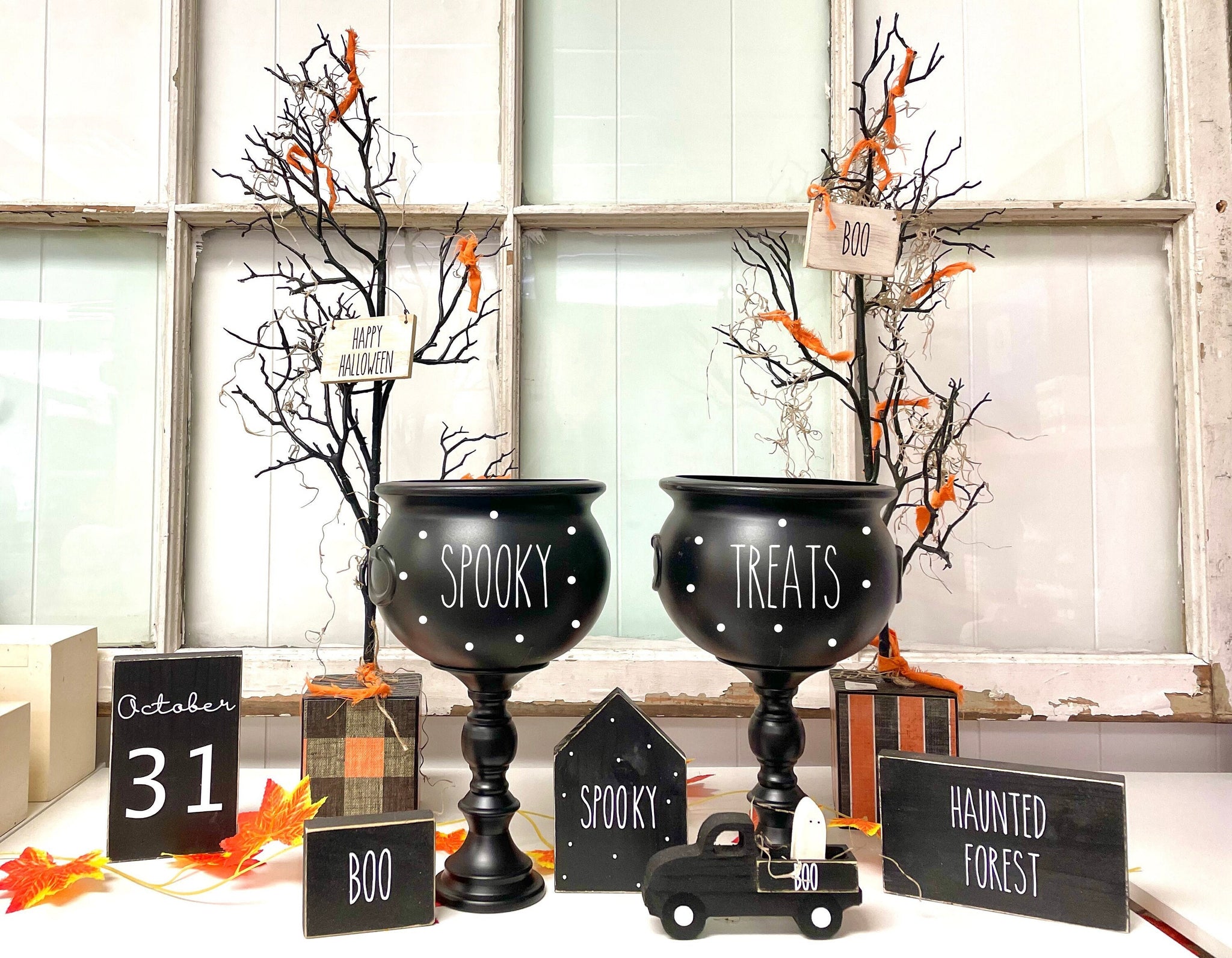 Halloween party bundle, Cauldron treat bowls, Table centerpiece, Halloween tree, Party decor, Tiered tray, candy bowl, Halloween signs