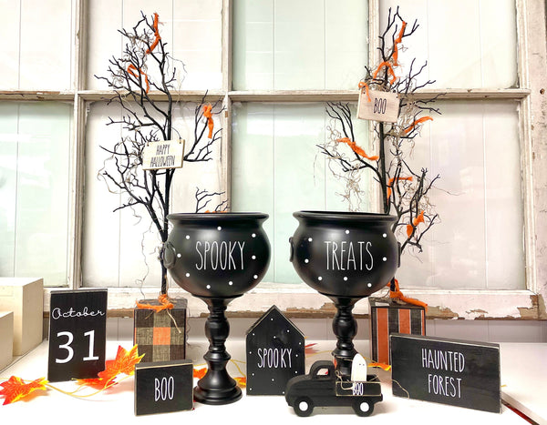 Halloween party bundle, Cauldron treat bowls, Table centerpiece, Halloween tree, Party decor, Tiered tray, candy bowl, Halloween signs