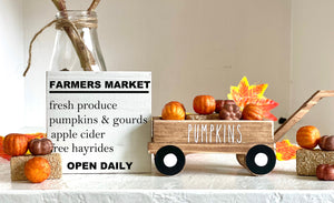 Fall tiered tray decor, Wood wagon with pumpkins, Farmers market sign