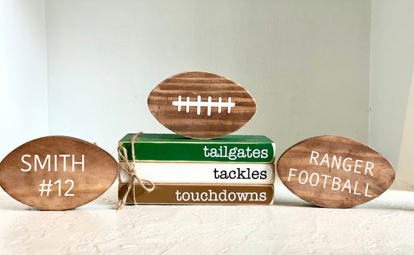 Personalized wooden footballs, Tiered tray decor, Wood football, Mini book bundle, Team gift, School football team