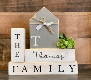 Personalized home decor, Family blocks, Wooden shelf sitters, Tiered tray, House with initial, hostess gift, black and white, farmhouse