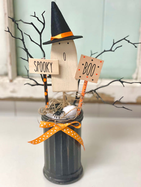 Halloween vase with wood ghost, Black branches, Halloween decor, Tiered tray, Party centerpiece, Halloween tree, Ghost with witch hat