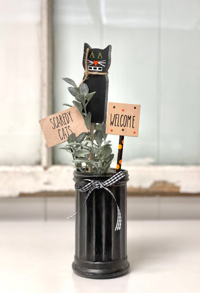 Halloween vase with wood black cat, Halloween decor, Tiered tray, Party centerpiece, Scaredy cats welcome, Halloween signs, Cat decor