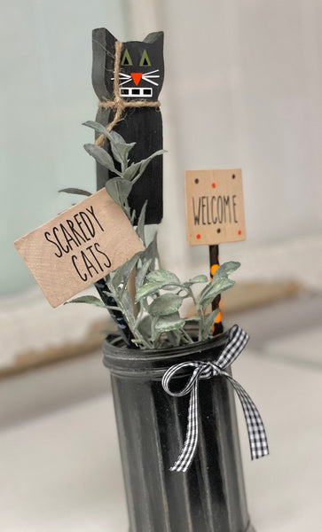 Halloween vase with wood black cat, Halloween decor, Tiered tray, Party centerpiece, Scaredy cats welcome, Halloween signs, Cat decor
