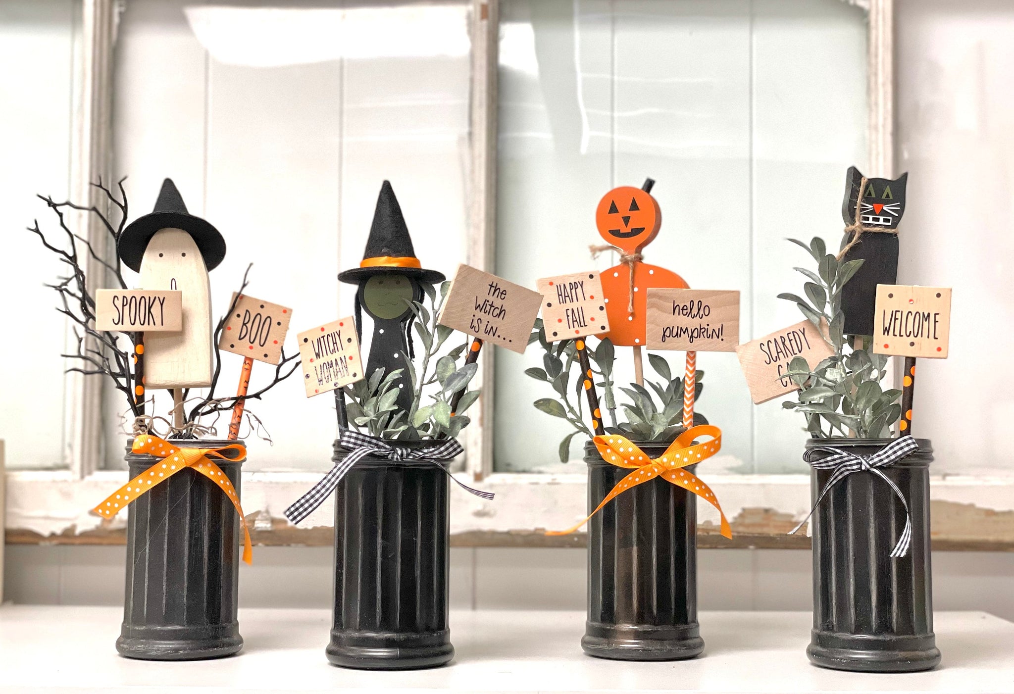 Halloween decor, Black vase, Tiered tray decor, Wood pumpkin, Black cat, Witch decor, Ghost, Unique gift