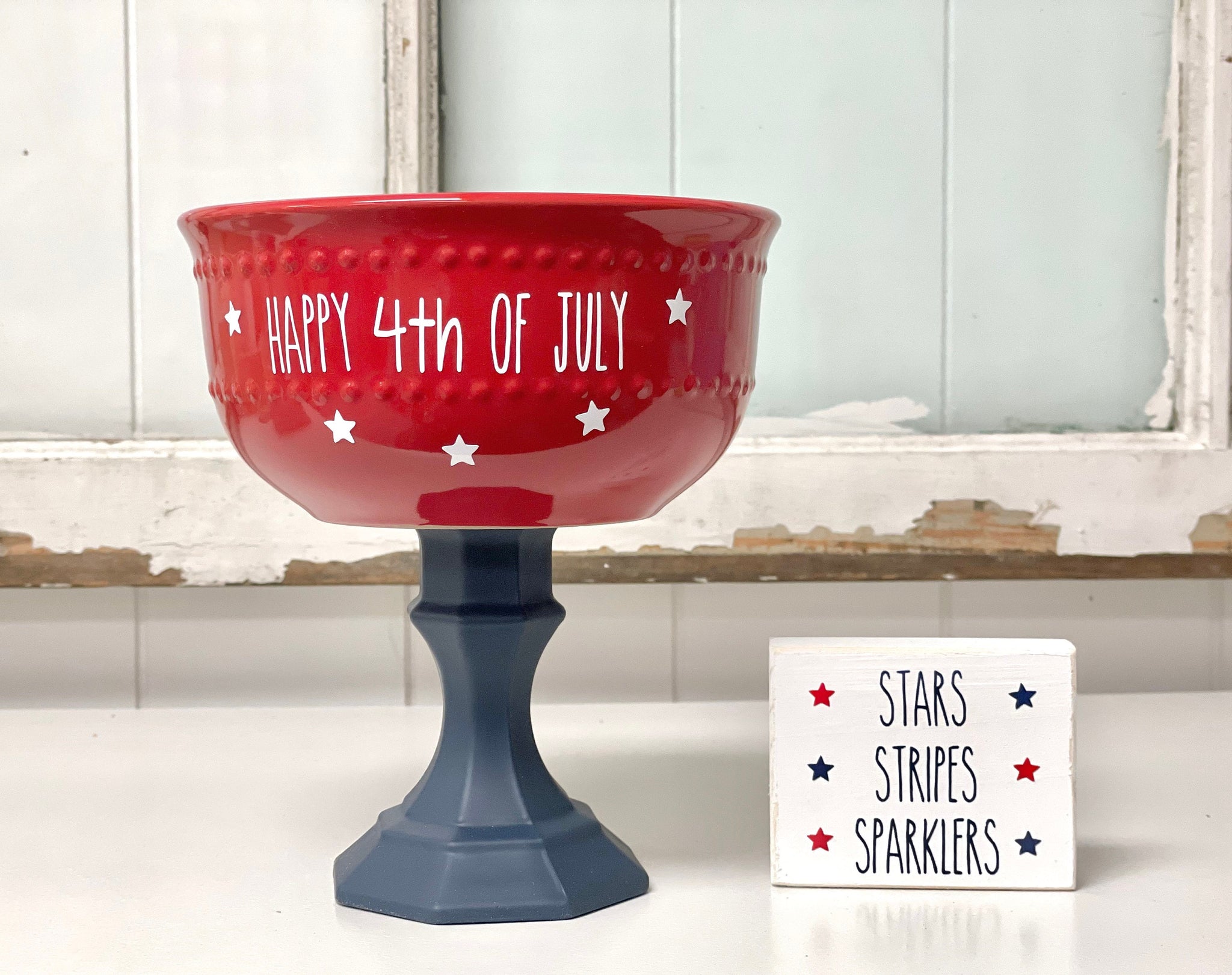 4th of July party decor, God bless America bowl, Memorial day, Glass pedestals, Serving pieces, Tiered tray, Serving bowl, Party centerpiece