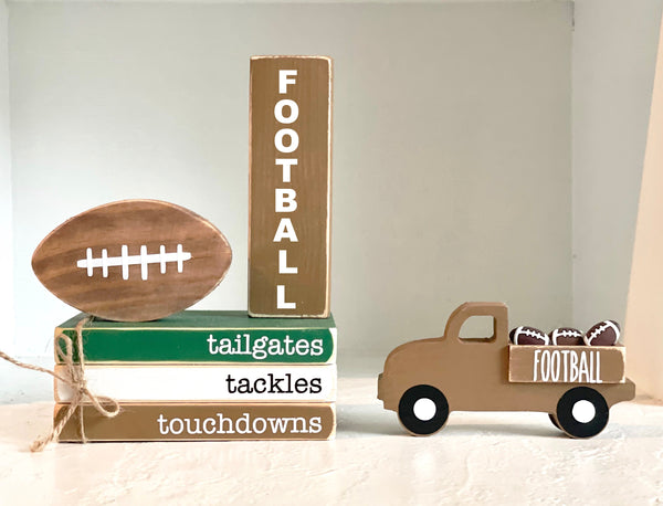 Football tiered tray decor, Wooden football, Tiered tray decor, Mini book bundle, Wood sign