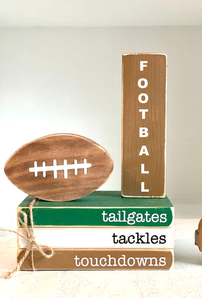 Football tiered tray decor, Wooden football, Tiered tray decor, Mini book bundle, Wood sign