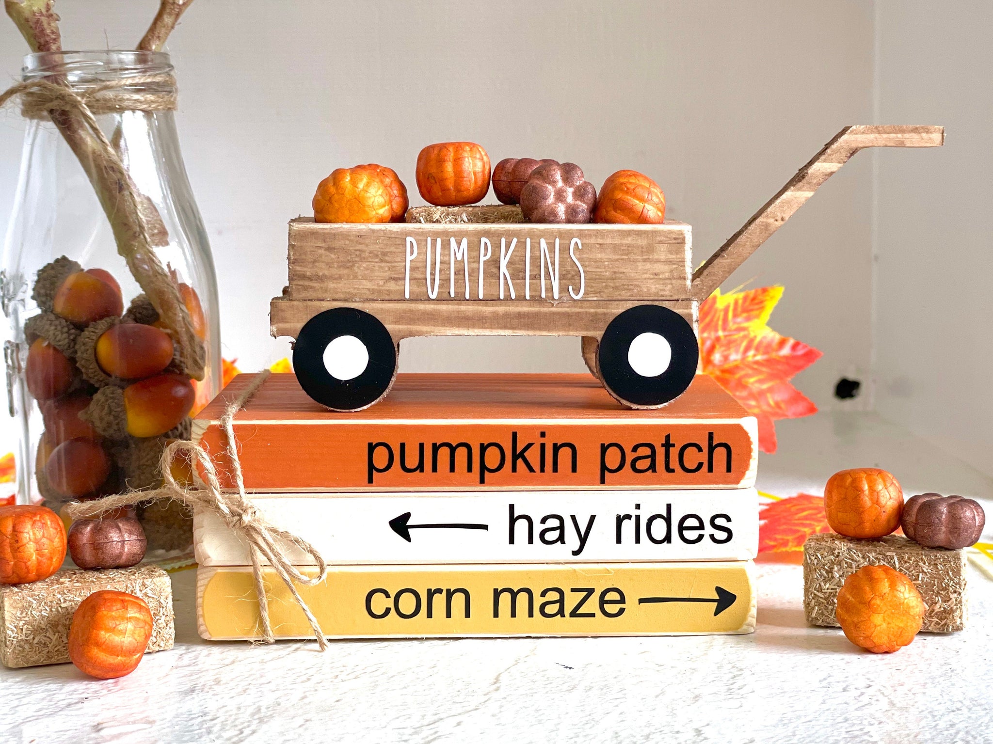 Fall decor, Book stack with wood wagon, Fall tiered tray decor, Wagon with pumpkins, Pumpkin patch