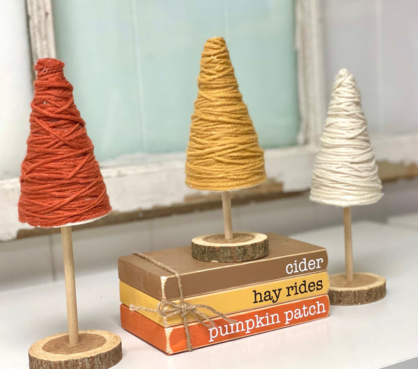 Fall tiered tray decor, Yarn trees, Wood book stack