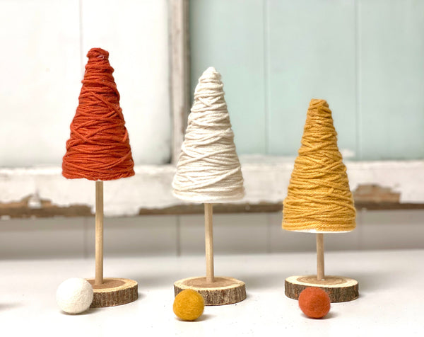 Fall tiered tray decor, Yarn trees, Wood book stack