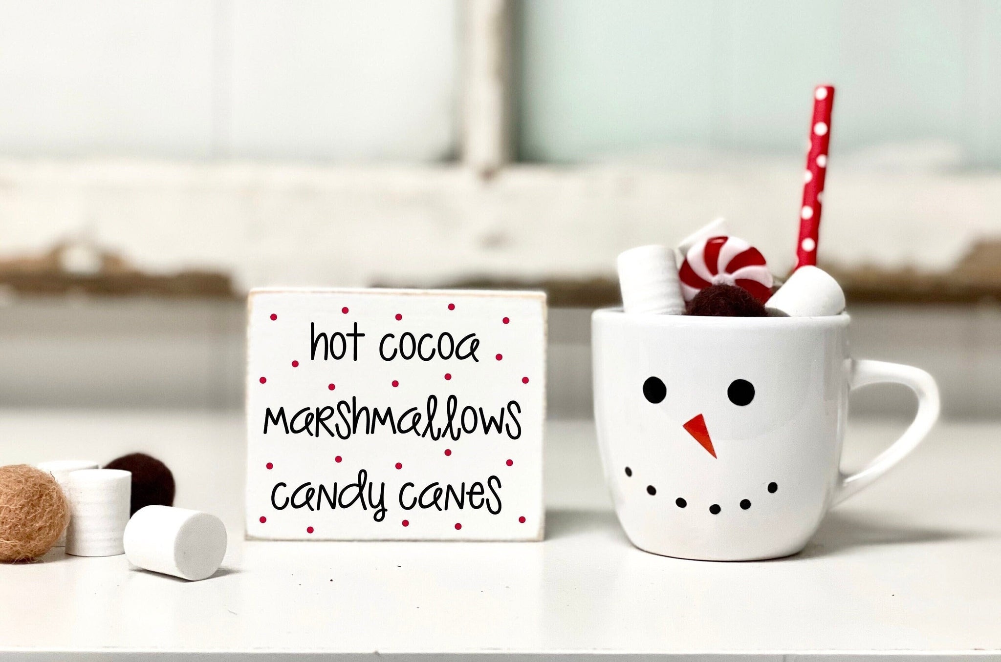 Snowman mug for Christmas tiered tray, Faux hot cocoa mug with sign