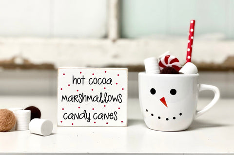Snowman mug for Christmas tiered tray, Faux hot cocoa mug with sign