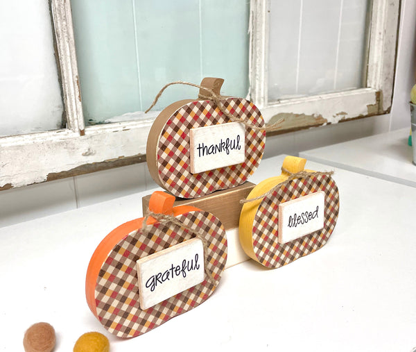 Wood plaid pumpkins for fall decor, Tiered tray