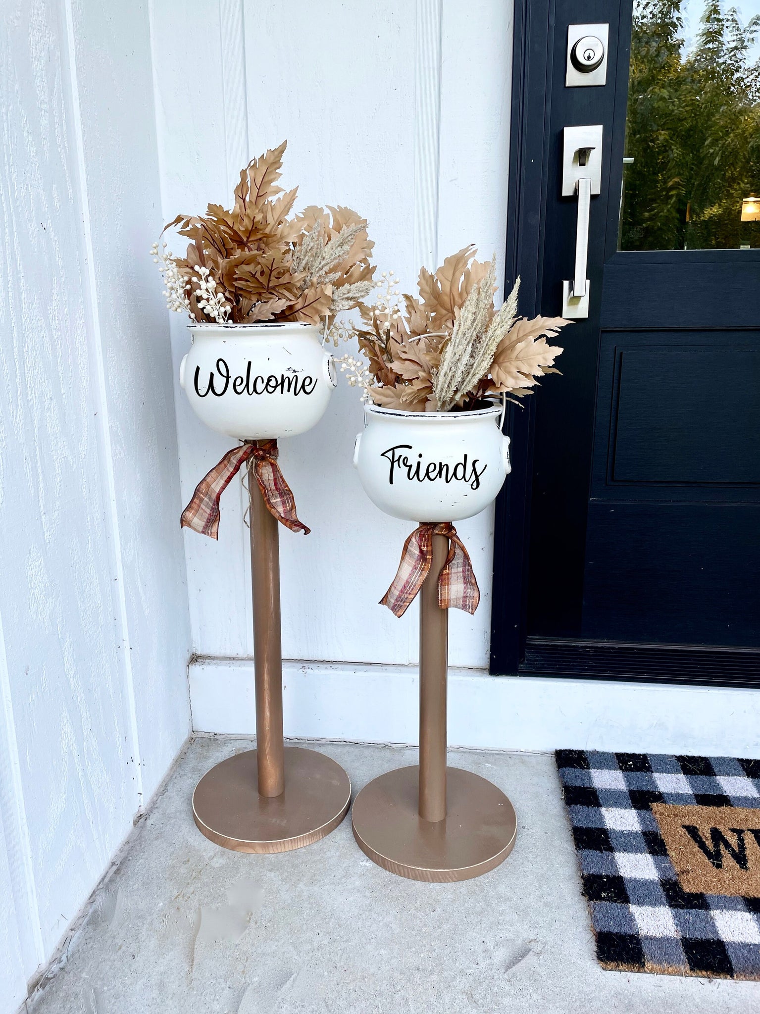 Personalized fall porch decor, White cauldron planters