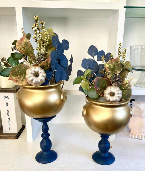 Cauldron planters set of 2, Fall centerpiece navy and gold