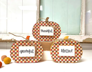 Wood plaid pumpkins for fall decor, Tiered tray