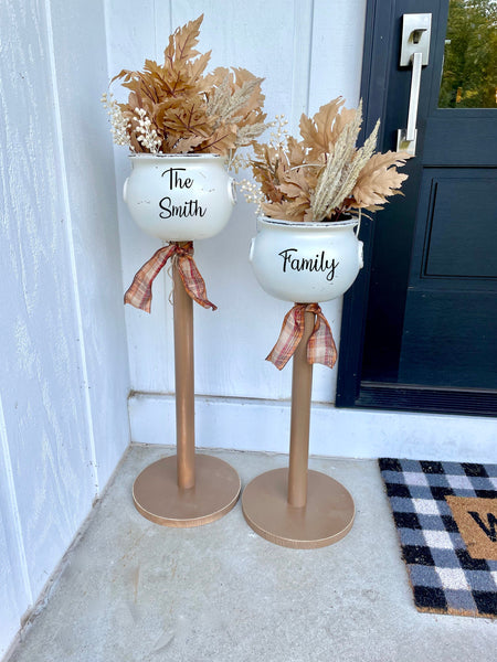 Personalized fall porch decor, White cauldron planters