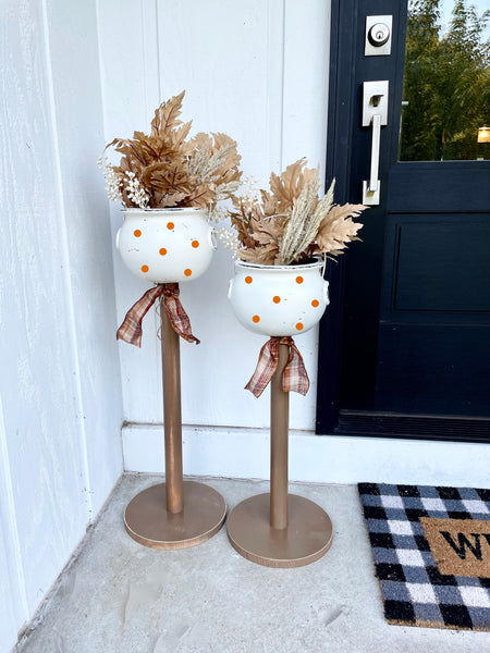 Personalized fall porch decor, White cauldron planters