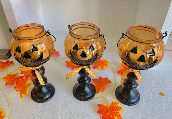 Pumpkin candle holder set, Halloween tiered tray decor