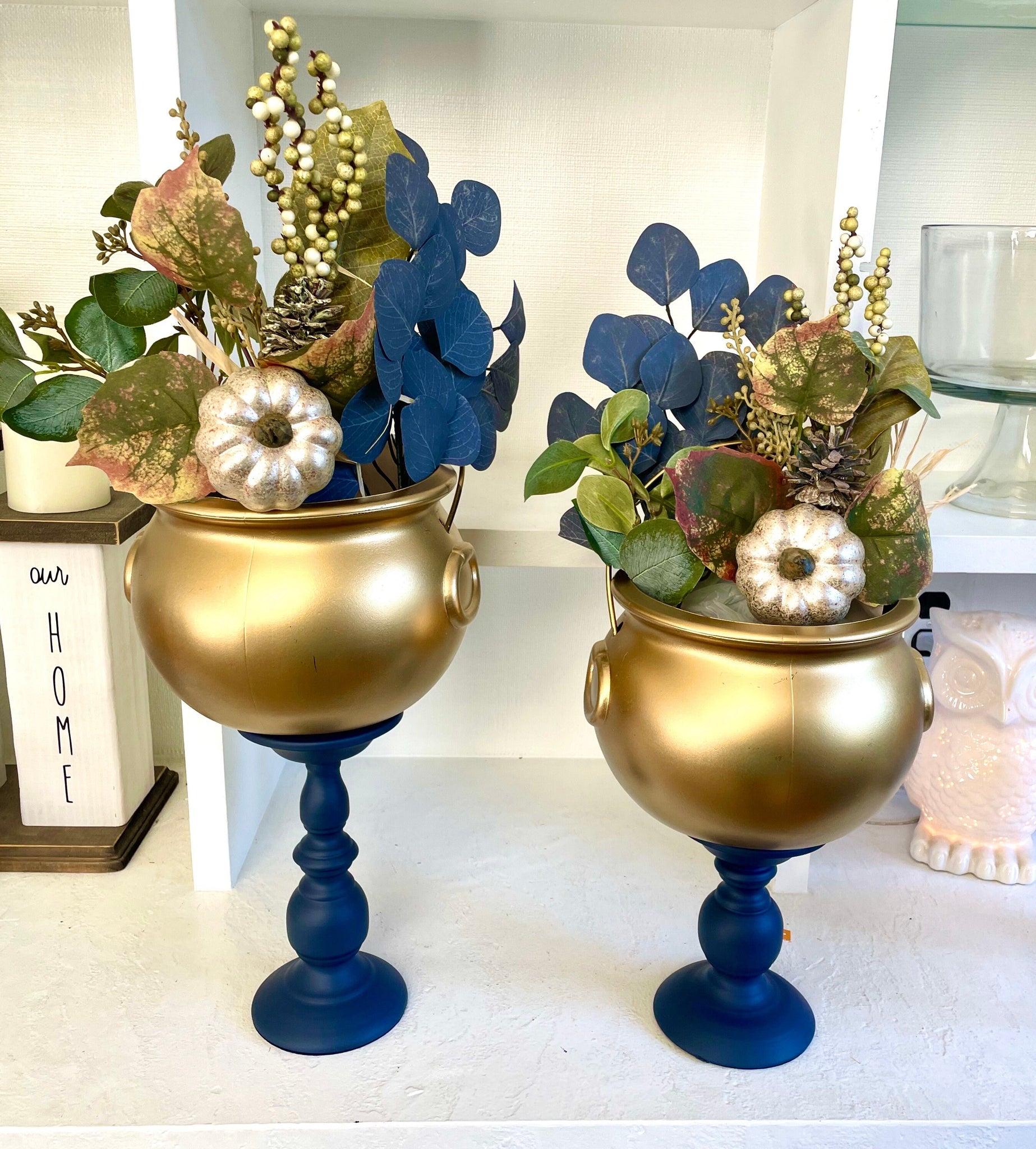 Cauldron planters set of 2, Fall centerpiece navy and gold