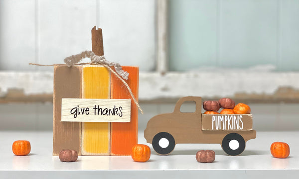 Fall decor, Wooden pumpkin and truck set for tiered tray