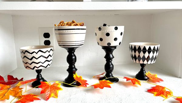 Snack bowls for Halloween party, Black and white serving dishes, Table centerpiece pedestals