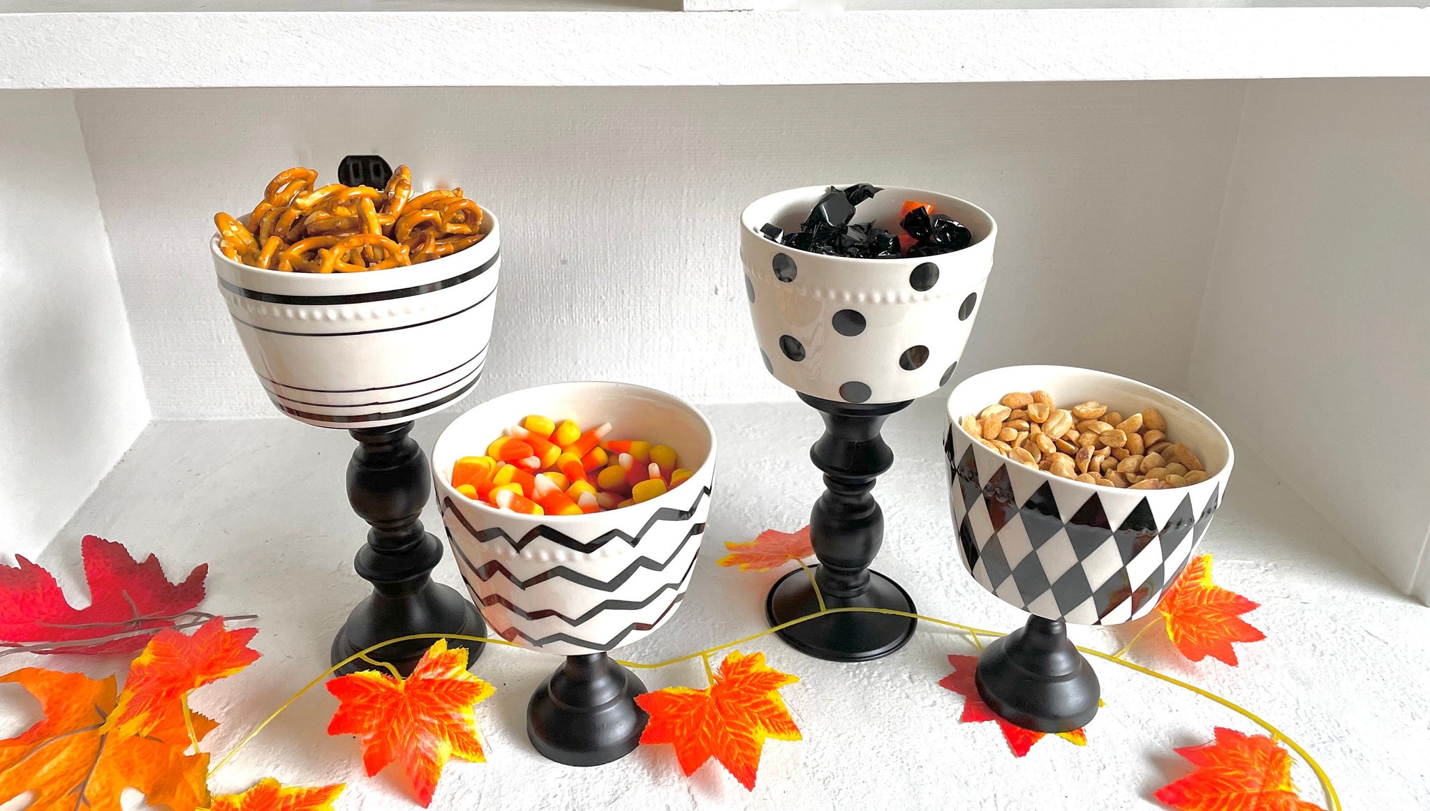 Snack bowls for Halloween party, Black and white serving dishes, Table centerpiece pedestals