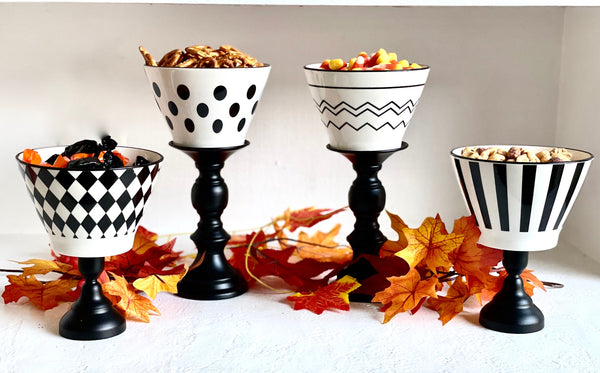 Halloween snack bowls, Black and white serving dishes, Table centerpiece pedestals