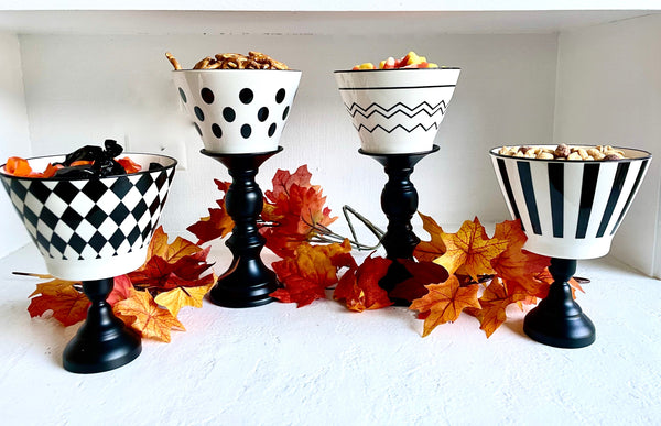 Halloween snack bowls, Black and white serving dishes, Table centerpiece pedestals