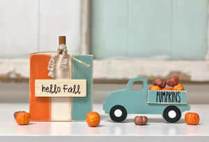 Wood pumpkin and truck set, Tiered tray fall decor
