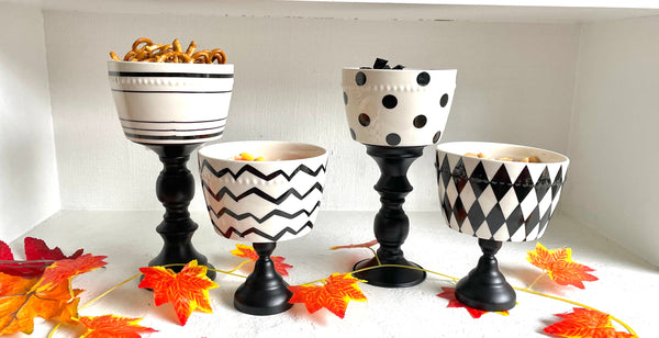 Snack bowls for Halloween party, Black and white serving dishes, Table centerpiece pedestals