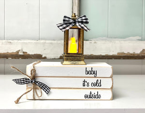 Christmas decor for tiered tray, Wooden book stack with mini lantern