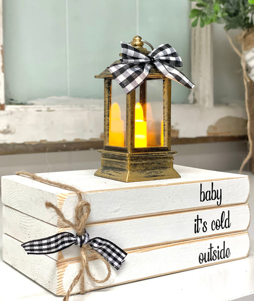 Christmas decor for tiered tray, Wooden book stack with mini lantern