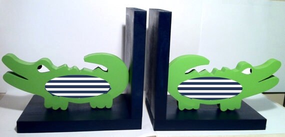 Alligator bookends, alligator nursery, wooden alligator, boys room decor, children's bookends, alligator book holder