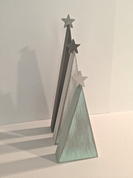 Rustic Christmas, wood Christmas trees, tree shelf sitters, primitive trees, Christmas decor, gray and aqua, modern decor, aqua tree,