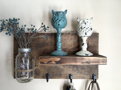 entryway shelf, key holder, wall vase, shelf with hooks, kitchen shelf, farmhouse shelf, rustic shelf,  reclaimed wood, mason jar wall vase
