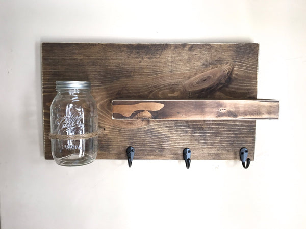 entryway shelf, key holder, wall vase, shelf with hooks, kitchen shelf, farmhouse shelf, rustic shelf,  reclaimed wood, mason jar wall vase